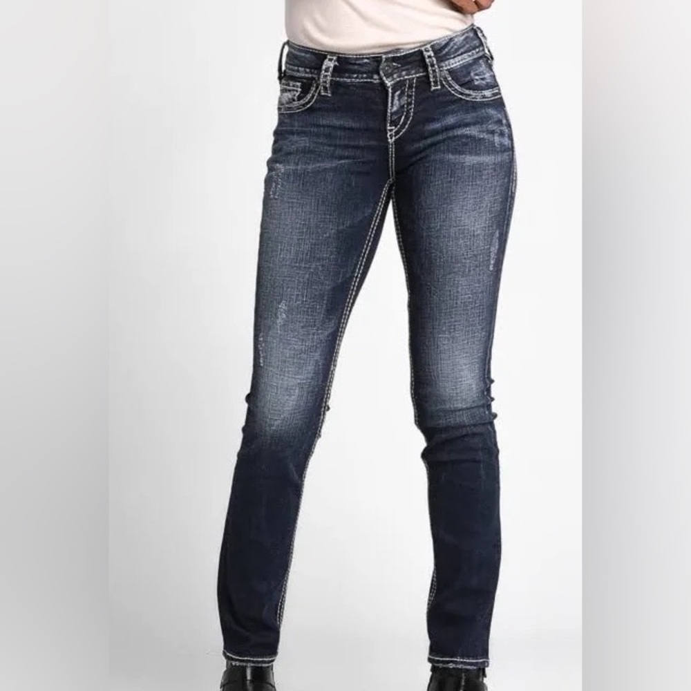 Silver Lola straight jeans size 14/L 33 distressed medium wash mid rise